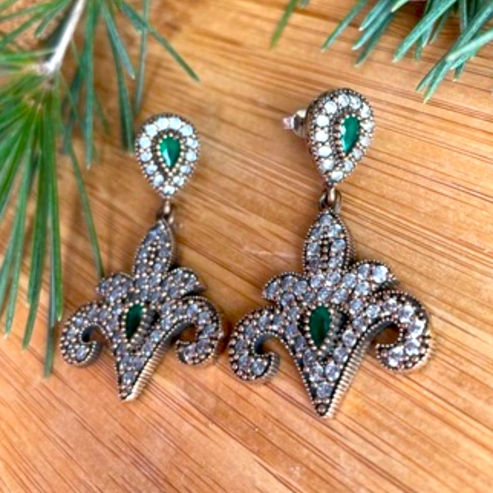 925 Sterling Silver, Emerald & Topaz drop Earrings - Picture 2 of 6